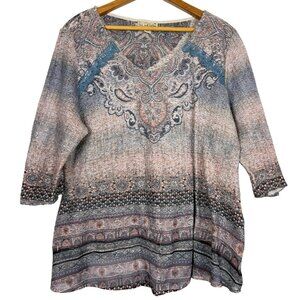 Live & Let Live Womens 1X Boho Print Knit Tunic Top Lace Detail Contrasting Hem